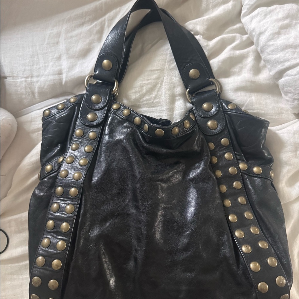 Studded Black Leather Tote Bag